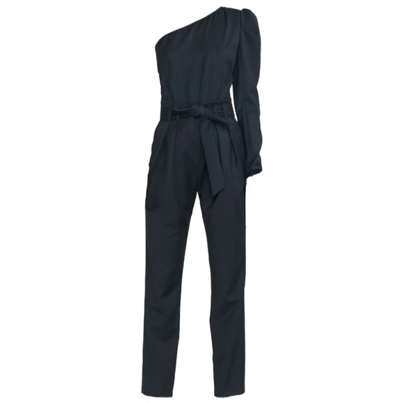 IRO Harabel Wool One Shoulder Puff Sleeve Belt Tailored Pleated Jumper Jumpsuit - Picture 12 of 15